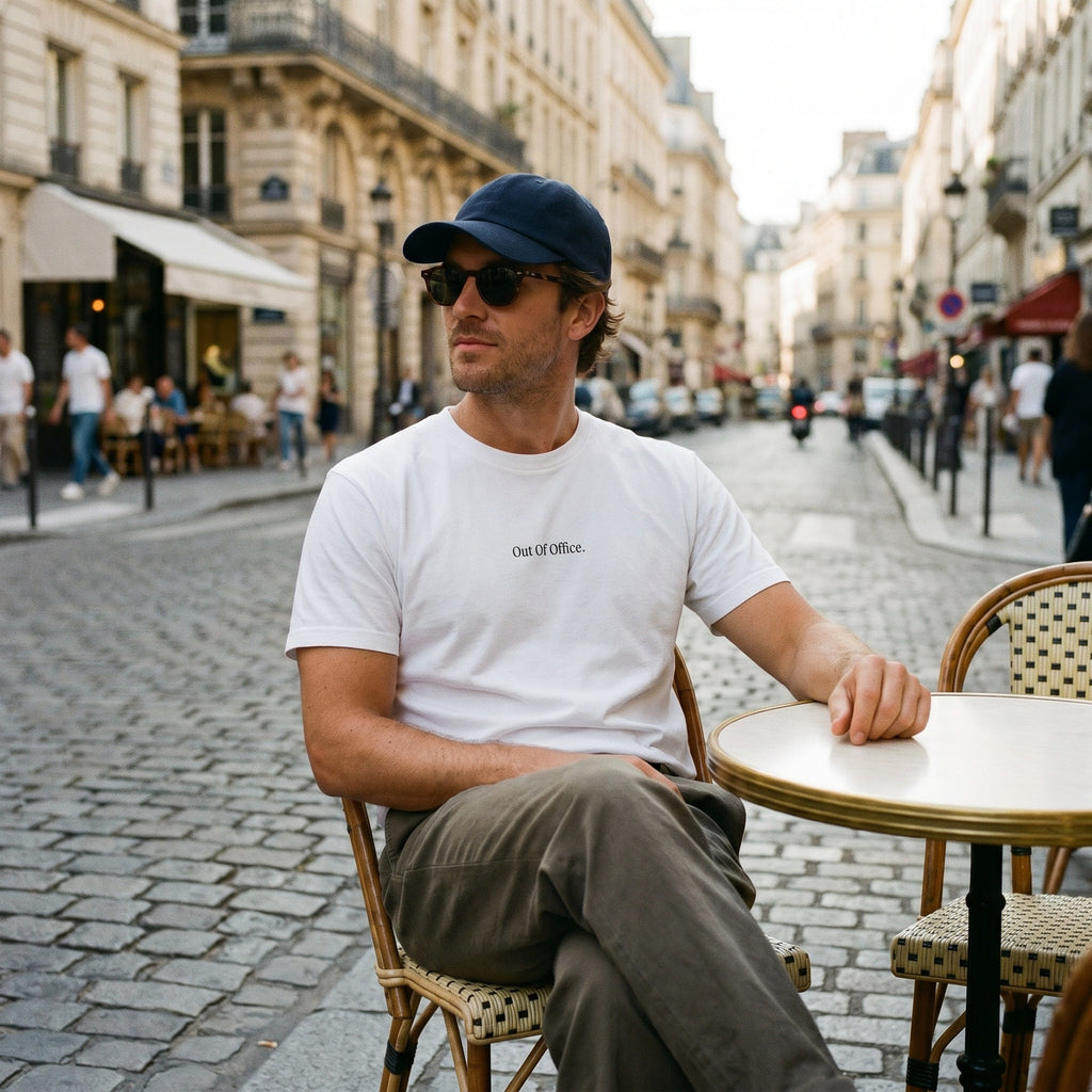 Minimalist "Out of Office" Cotton Tee — Casual Vacation & Work-Break Shirt